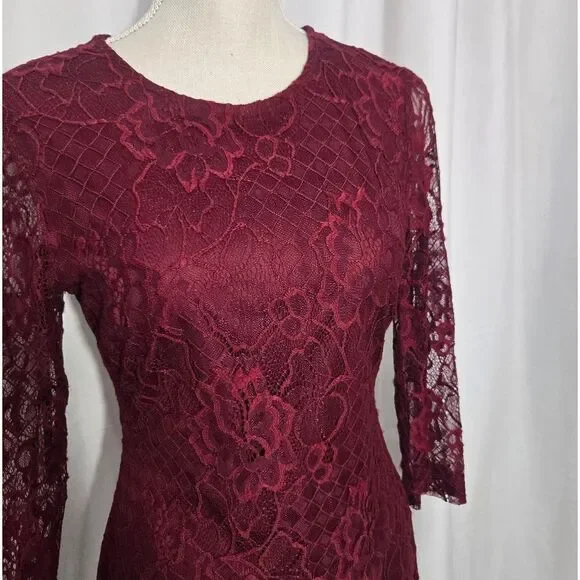 Jessica Simpson Burgundy Lace Overlay 3/4 Sleeve Midi Dress Sz 4 - Picture 9 of 12